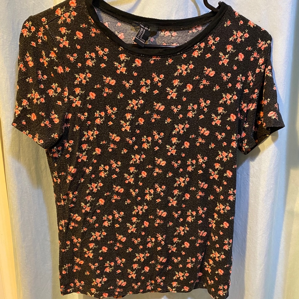 Black with Pink Flowers Forever 21 Graphic Tee